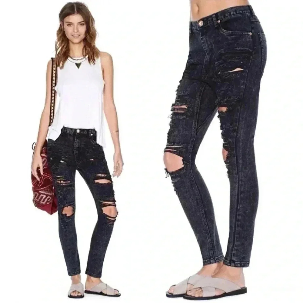 One Teaspoon Runaways Destroyed Distressed Super Skinny Jeans Low Waist Sz 25